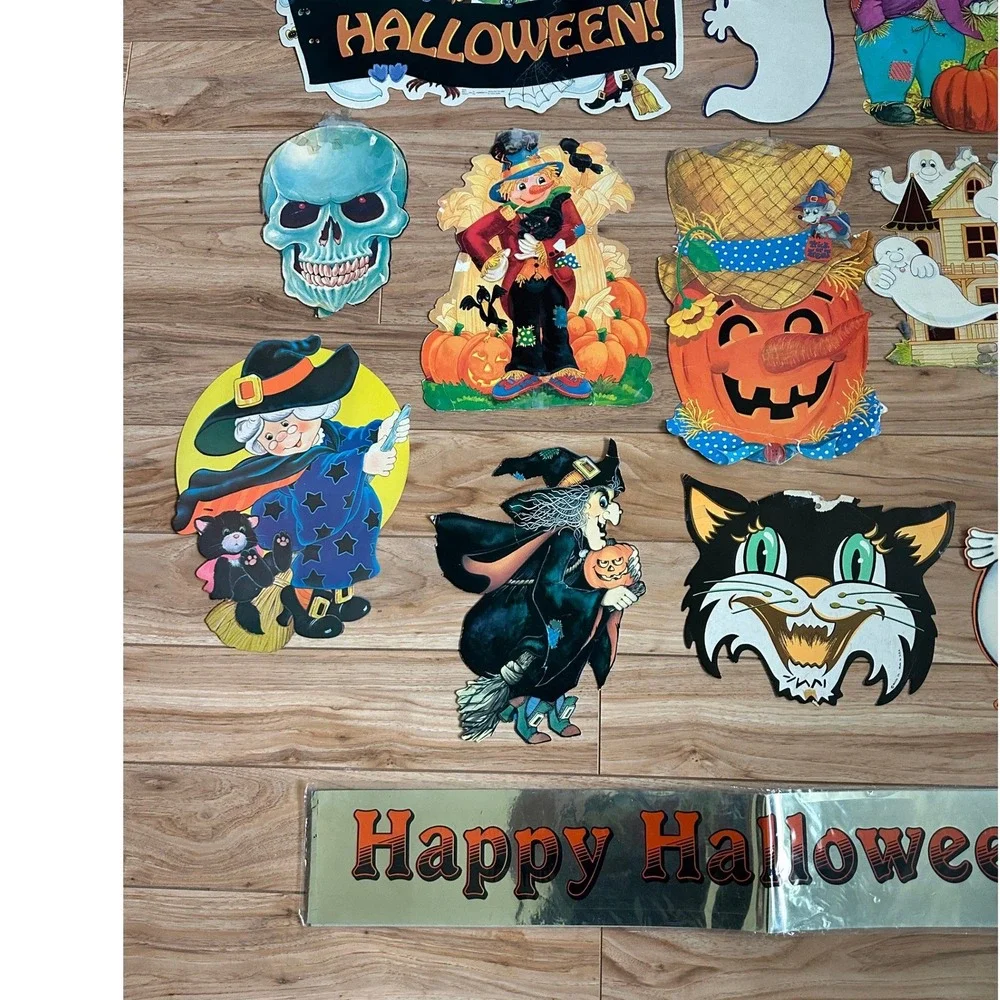 Vintage 30 Halloween Die Cut Paper Decorations Lot Witches Ghosts Cats Pumpkins
